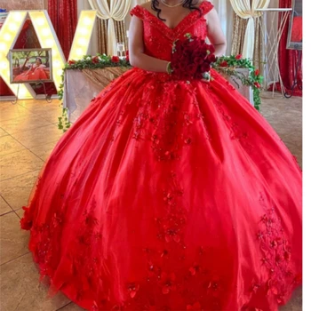 Ashely Alsa Kırmızı Balo Quinceanera elbiseler Boncuklu Aplikler 3D Çiçek Balo Doğum Günü Törenlerinde Prenses Tatlı 16 15 Parti Vestidos