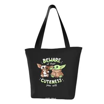 Yeniden kullanılabilir Gremlinler Gizmo Mogwai alışveriş çantası Kadın Omuz Tuval Tote Çanta Yıkanabilir Bilim Kurgu Canavar Film Bakkal Alışveriş Çantaları