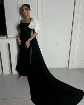 Suudi Arabistan Kadınlar Abiye balo kıyafetleri Boncuk Uzun Kollu Yay Zarif Siyah Düğün Parti Kıyafeti vestidos de gala