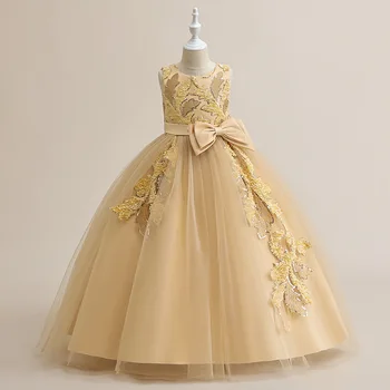 Yeni Çiçek Kız Prenses Elbise Örgü Kabarık Etek Piyano Performans Elbise Küçük Kız çocuk Elbise