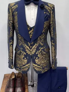 Donanma Altın Jakarlı Erkek Takım Elbise Özel 3 Adet Blazer Yelek Pantolon Bir Düğme Şeffaf Yaka İş Düğün Artı Boyutu Özel