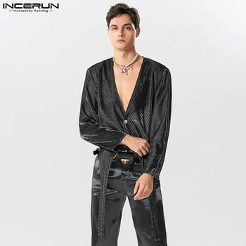 Amerikan Tarzı erkek Gitter Kumaş Düzensiz Hem Tasarım Blazer Moda Püskül Uzun Kollu Takım Ceketler S-5XL INCERUN Tops 2023