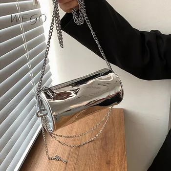 Lüks Zincir Gümüş omuzdan askili çanta Kadınlar İçin Yeni Moda Bayan Crossbody Çanta Tasarımcısı Silindirik Çanta Kadın Çanta