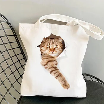 Kadınlar Casual omuz çantaları Sevimli Kedi kanvas çanta 3D Baskı Büyük Kapasiteli Çanta Alışveriş Tote Çevre Dostu Yeniden Kullanılabilir Moda