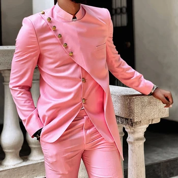Son Tasarım Erkek Takım Elbise Katı 2 Parça Yeni Moda Standı Yaka Resmi Rahat Damat Düğün Smokin Slim Fit Takım Elbise Özel Yapılmış