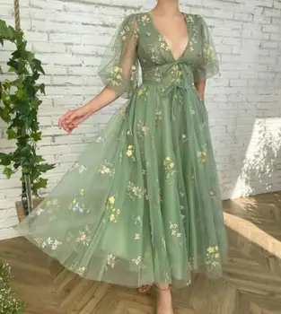 Yeşil Fas Abiye A-line V Yaka Yarım Kollu Tül Aplikler Türkiye Dubai Suudi Arabistan balo kıyafetleri Elbisesi