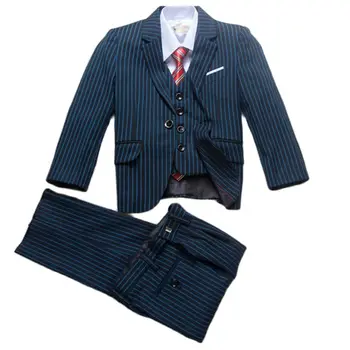 Çocuk Takım Elbise Mavi Şerit / Kırmızı Şerit Çocuk Blazer Pantolon Custom Made Parti Giyim Düğün İçin Son Tasarım 3 adet Ceket + Pantolon + Yelek