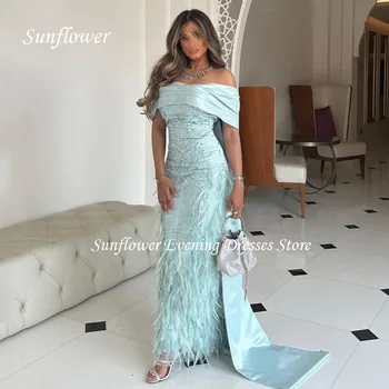 Ayçiçeği Kapalı Omuz Balo elbisesi Tüyler Mermaid Akşam Elbise İnce Saten Dantel Aplike Parti Elbise 2023 Kat Uzunlukta