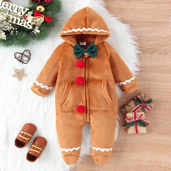 Yenidoğan Bebek Noel Giysileri Zencefilli Kurabiye Adam Romper Uzun Kollu Kapşonlu Patchwork papyon Tulum Kış Giysileri