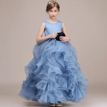 Çiçek Kız Elbise Tozlu Mavi Ruffles Organze Siyah Çiçek Kemer Kolsuz Düğün Doğum Günü Partisi Prenses Abiye