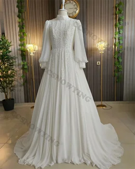 Şifon Aplikler Boncuklu Müslüman düğün elbisesi Uzun Kollu İslam gelinlikler Yüksek Boyun Arapça Dubai Kaftan Vestidos De Novia