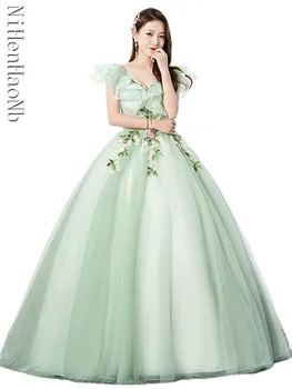 Yeşil Quinceanera Elbise Zarif V Yaka Parti Balo Balo Tatlı Çiçek Quinceanera Elbiseler Artı Boyutu Vestidos