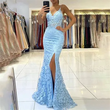 Peri Masalı Mermaid Seksi Balo elbisesi Aplikler Dantel Düğün Akşam gece elbisesi Gökyüzü Mavi Kadın resmi elbiseler