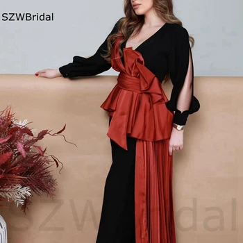 Yeni Varış Saten Siyah abiye kadınlar için parti Bordo Kemer Dubai Arabistan abiye giyim Vestidos de fiesta abendkleider
