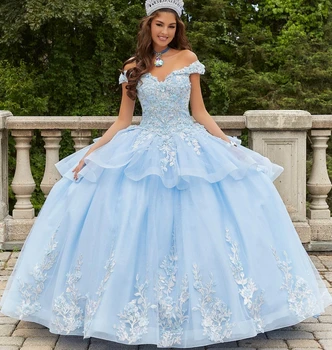 EVLAST Klasik Mavi Kristal Payetli Quinceanera Elbise Balo Kapalı Omuz 3D Çiçekler Korse Vestidos Para XV Años TQD117