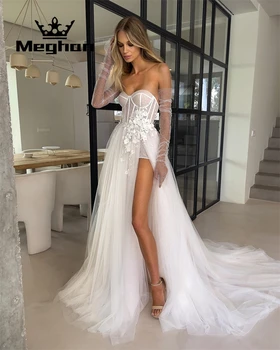 Beyaz Straplez düğün elbisesi Fener Kollu 2023 Kadınlar İçin Mermaid Boncuklu Aplikler Gelin Yüksek Yarık Robe De Mariee Yaz