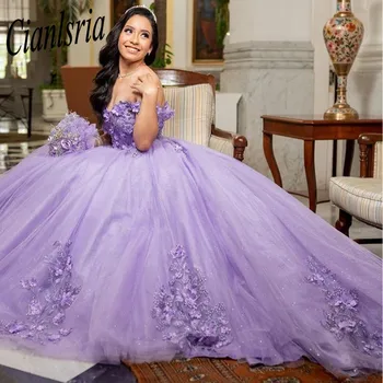 Leylak Tatlı 16 Quinceanera Elbise 2023 Kapalı Omuz Aplikler Prenses Parti Kıyafeti Vestidos De 15 Años