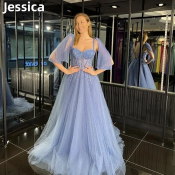 Jessica Tatlı Glitter düğün elbisesi Tül Sequins balo kıyafetleri Kraliyet Mavi Korse Örgün Durum Elbise Parti Elbise