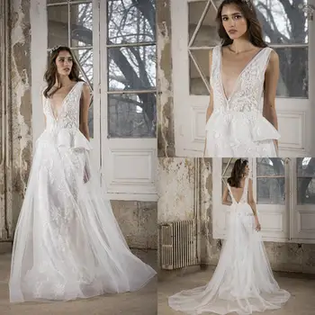 2020 düğün elbisesi es V Boyun Kolsuz Dantel Aplikler gelinlikler Backless Sweep Tren Bir Çizgi düğün elbisesi Robe De Mariee