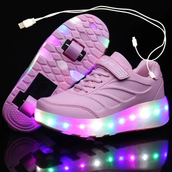 USB Şarj Siyah İki Tekerlekli Aydınlık Sneakers led ışık Paten Ayakkabı Çocuklar Çocuklar için Led Ayakkabı Erkek Kız Ayakkabı 28-43