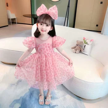 Kız çocuk elbiseleri Yaz Koreli Çocuk Örgü Prenses Elbise Küçük Kız Kayısı Peri Kabarık Elbise