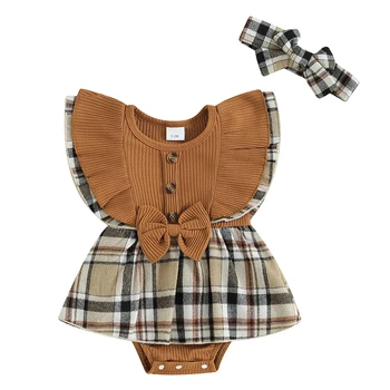 0-12M Bebek Kız Yaz Romper Elbise Uçan Kollu Ekose Patchwork Nervürlü Romper Kafa Bandı ile Yenidoğan Bebek Giysileri