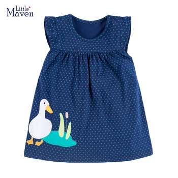 Küçük maven Yaz Bebek Giysileri Kız Çocuklar Kısa Kollu Elbiseler Çocuklar Hayvan Ördek Aplikler çocuk giyim Vestidos Pamuk