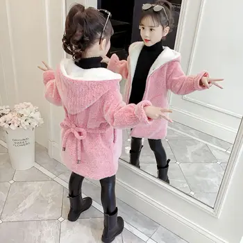 2023 Yeni Kore Versiyonu Moda Katı Kalın Sıcak Tutmak Sonbahar Kış Kız Ceket Peluş Kapşonlu Rüzgarlık Ceket Çocuklar için TY47