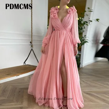 PDMCMS Pembe Şifon balo kıyafetleri Uzun Kollu Pilili Yüksek Yan Yarık Çiçekler A-Line V Yaka Suudi Arabistan Mori Akşam Partisi Törenlerinde