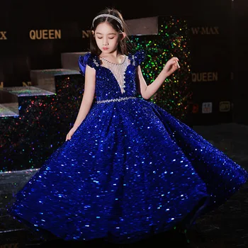 Mavi Pullu uzun elbise Bebek Kız Çocuk için 2 İla 12 Yıl Resmi Kırmızı Kabarık Elbiseler Akşam Lüks Parti Kore Çocuk Elbisesi Düğün