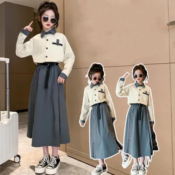 2024 Kore Bahar Sonbahar Genç Kız 2 ADET Giysi Set Tek göğüslü Uzun Kollu Üst+Etek Hediye Kemer Seti Kızlar İçin 4-15Yrs