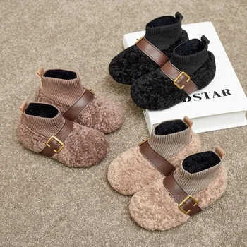 Kış bebeğin Yeni Dış Giyen Sıcak Kürk Ayakkabı Kızlar için Moda Yün Ağız Yumuşak Taban Rahat Kaymaz Pamuklu Botlar