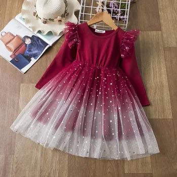 Kız Yıldız Örgü Tutu Elbiseler Sonbahar Tatlı Prenses Töreni Parti Elbise Fly Kollu Tül Kostüm Vestidos Zarif Elbise Kız için