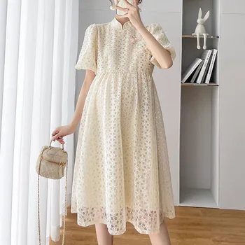 Gebelik Elbise yaz giysileri Hamile Kadınlar İçin 2023 Yeni Çin Tarzı Balıkçı Yaka Katı Kabarcıklar Kollu hamile elbiseleri