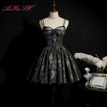 AnXin SH Lüks prenses siyah çiçek dantel konak spagetti kayışı kolsuz doğum günü partisi kısa abiye küçük siyah elbise