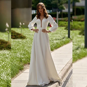 Basit Uzun Puf Kollu düğün elbisesi Derin V Yaka Kat Uzunluk Plaj gelinlikler Özelleştirmek Ölçüleri Büyüleyici Robe De Mariee