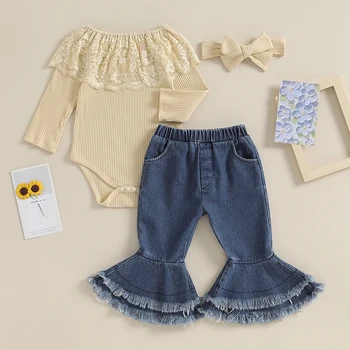 Bebek Kız Denim Çan Dipleri Kıyafetler Kapalı Omuz Dantel Romper Kot Pantolon Moda yürümeye başlayan çocuk giysileri Seti