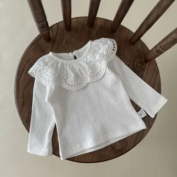 2023 Sonbahar Yeni Bebek Kız Uzun Kollu T Shirt Bebek Dantel Büyük Yaka Gömlek Toddler Katı Üstleri Yenidoğan Dip Gömlek 0-24M
