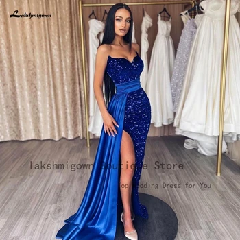 Lakshmigown Lüks Kraliyet Mavi Pullu Uzun Gece Elbisesi 2024 Seksi Kadınlar Düğün Konuk Akşam Yemeği Parti Törenlerinde Kapalı Omuz