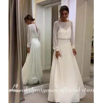Lakshmigown Bohemian Basit Uzun Kollu düğün elbisesi Bir Çizgi Aç Geri Mütevazı Artı Boyutu Custom Made Kadınlar Şifon gelinlikler