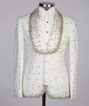 2 Adet Blazer Yelek Erkek Takım Elbise Smokin Aplikler Bir Düğme Geniş Yaka Resmi Elmas Boncuk Parti Düğün Artı Boyutu Özel