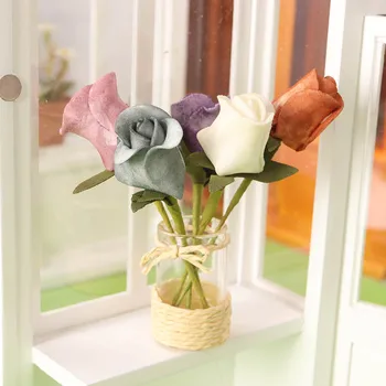 Dollhouse Mini Gül Cam Saksı Minyatür Ürünler Masaüstü Süs Çiçek 1: 6 BJD Bebek Buketi Bebek Evi Bahçe Aksesuarları