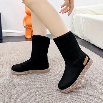 2023 Yeni Ayakkabı Kadınlar üzerinde Kayma Kadın Botları Kış Yuvarlak Ayak Katı Akın Peluş Sıcak Rahat Düşük topuklu Orta Buzağı Kar Botları