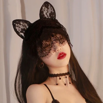 Seksi Dantel Kedi Kulaklar Peçe Bantlar Siyah Hairbands Göz Maskesi Anime Kedi Kız Cosplay Saç Aksesuarları Kadınlar Kızlar için Noel