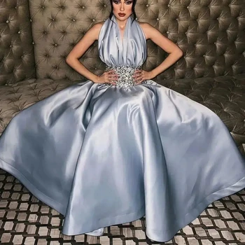 Lüks Abiye 2024 V Boyun Sequins Mavi Parti Elbise Halter Rhinestone Kat Uzunluk Suudi Arabistan Resmi Durum Elbise