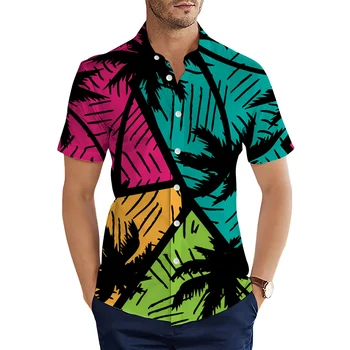 HX Moda Erkek Gömlek 3D Baskılı Hindistan Cevizi Ağacı Renk Ekleme Kısa Kollu Gömlek Erkekler için Yaz Rahat Plaj Üstleri Camisas