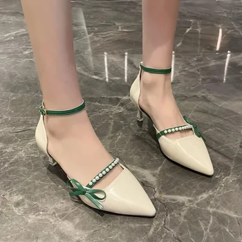 Kadın Orta Topuklu Yay Ayakkabı Bahar Sivri Burun Sığ Boncuklu Sandalet Elbise Yeni Moda 2024 Pompaları Tasarımcı Trendi Seksi Femme Ayakkabı