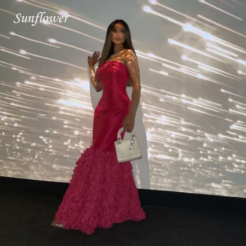 Ayçiçeği Pitaya renk Straplez Saten Gece Elbisesi 2023 İnce Arapça Kolsuz Tül Aplikler Mermaid High-end Özel Abiye