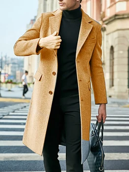Erkek Kış Yün Ceket Tek Göğüslü Slim Fit Uzun Palto Katı Yaka Yaka Sonbahar Kış Streetwear Ceketler