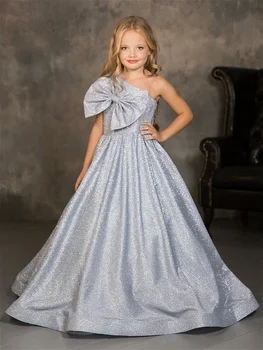 Glitter Saten Çiçek Kız Elbise Bir Omuz Uzun Gümüş Yay İle Çocuklar Düğün Parti Doğum Günü Balo İlk Communion elbise